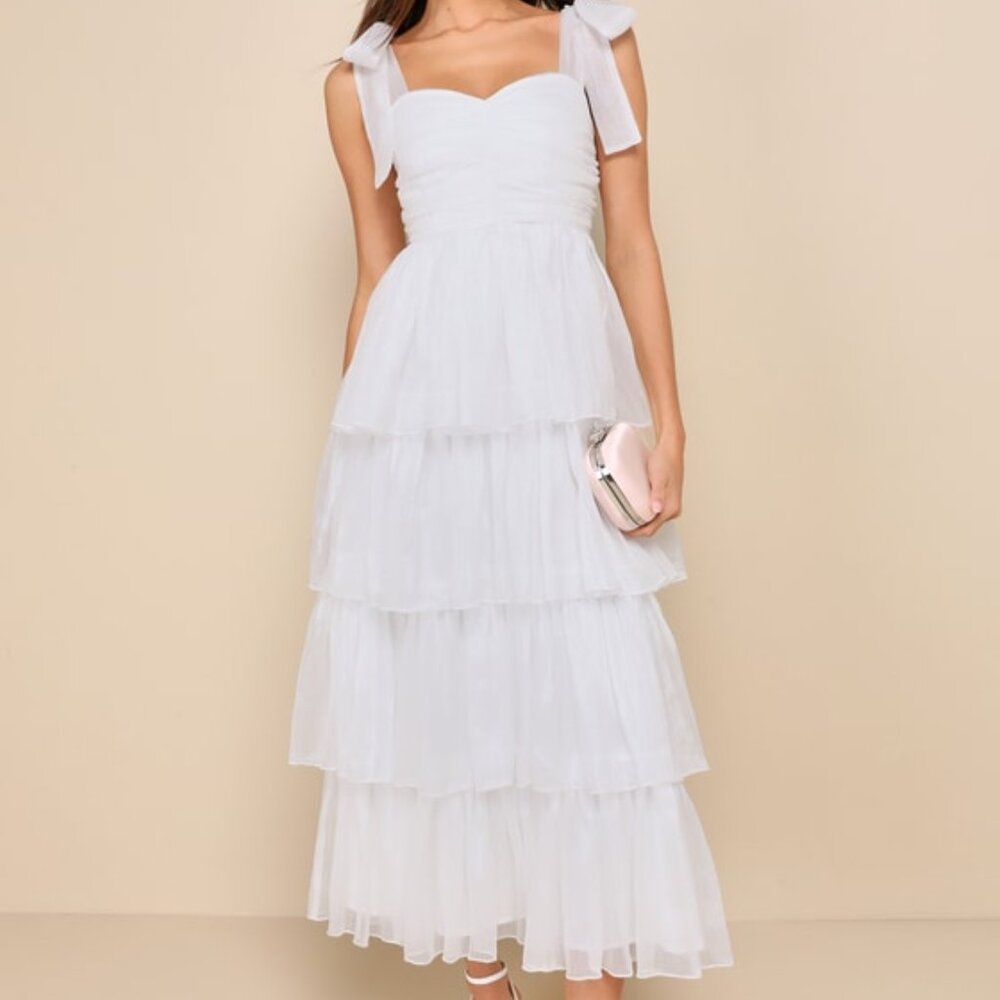Lulus Radiant Arrival Shiny White Organza Tiered Tie-strap Maxi Dress - Size S